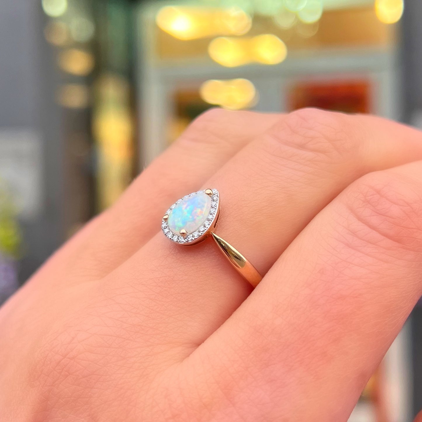 Elegant 9ct Yellow Gold Opal and Diamond Pear Shaped Halo Ring - Size N ½
