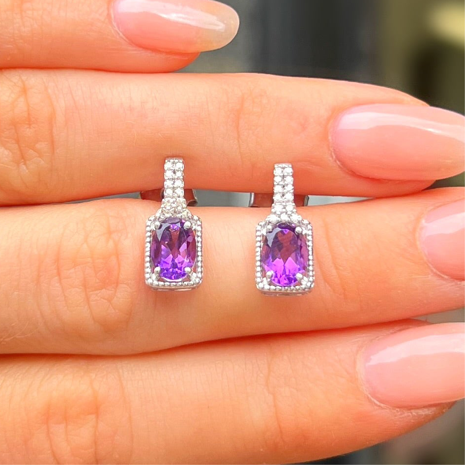 9ct White Gold Purple Amethyst Diamond Stud Earrings