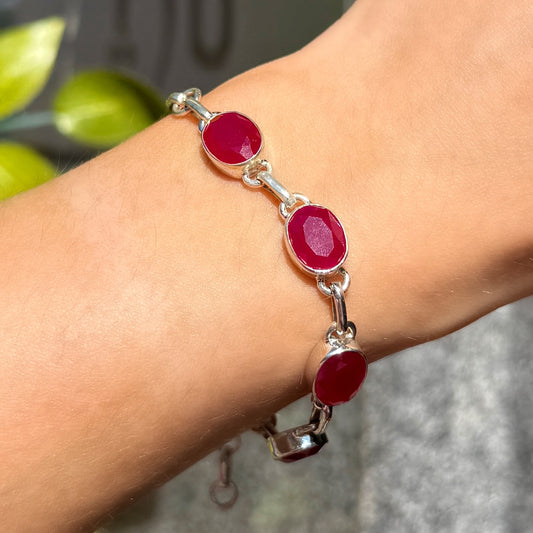 Red Oval Cut Ruby Sterling Silver Boho Bracelet