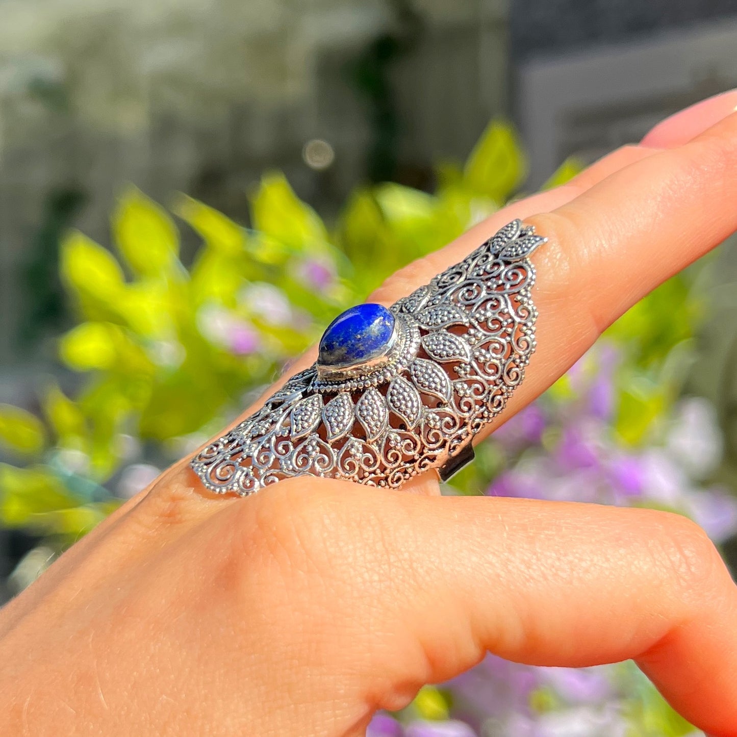 XL Chunky Sterling Silver Boho Blue Lapis Lazuli Ring - Size O