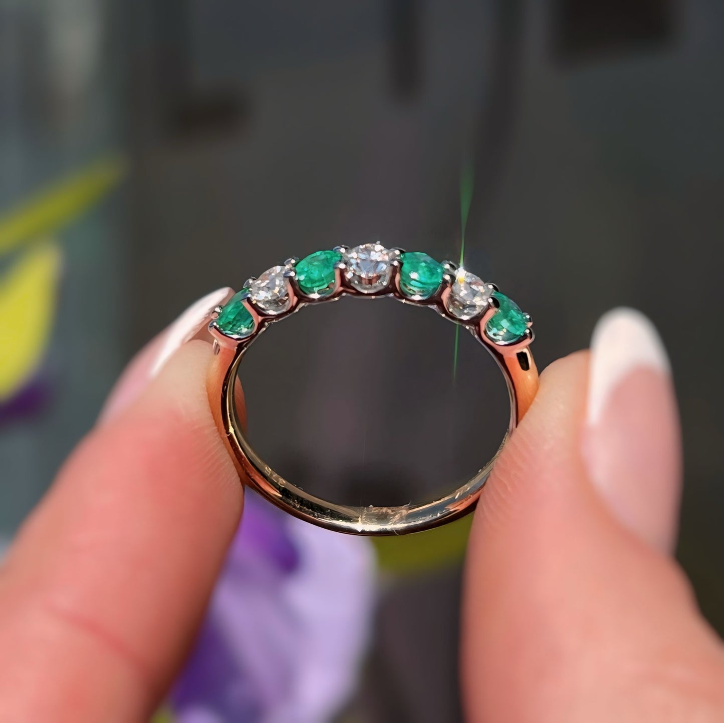9ct Yellow Gold Green Emerald and Diamond Dainty Eternity Ring - Size O