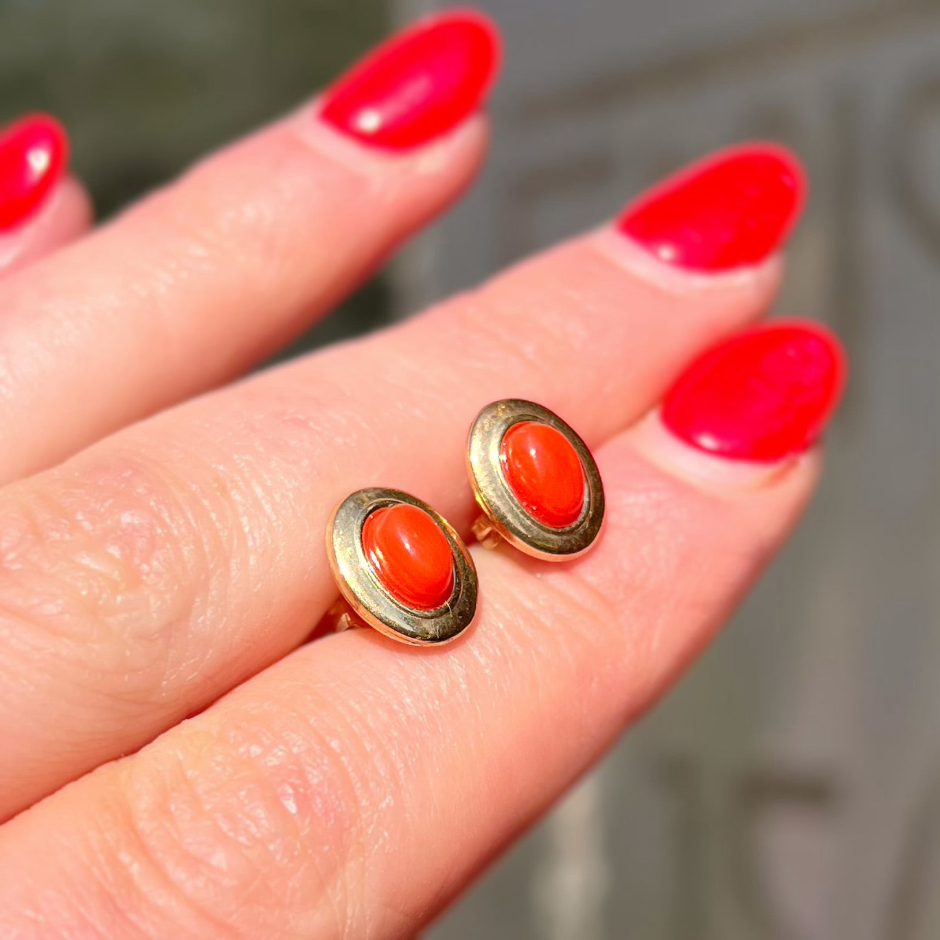 Rare 9ct Yellow Gold Oval Coral Stud Earrings