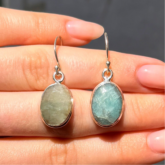 Naturally Varied Oval Cut Green Emerald Sterling Silver Drop Earrings
