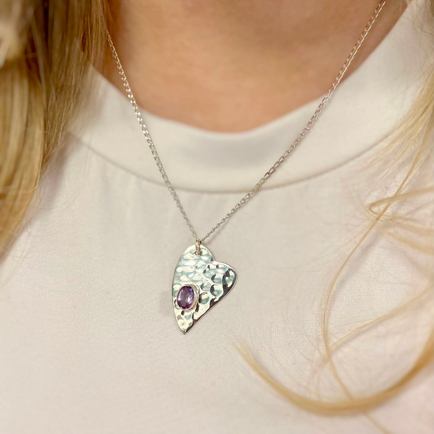 Sterling Silver Amethyst Hammered Heart Necklace