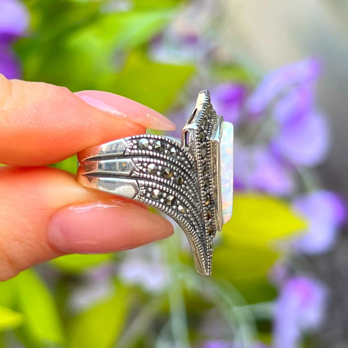 Unique Sterling Silver Opal & Marcasite Ring - Size M