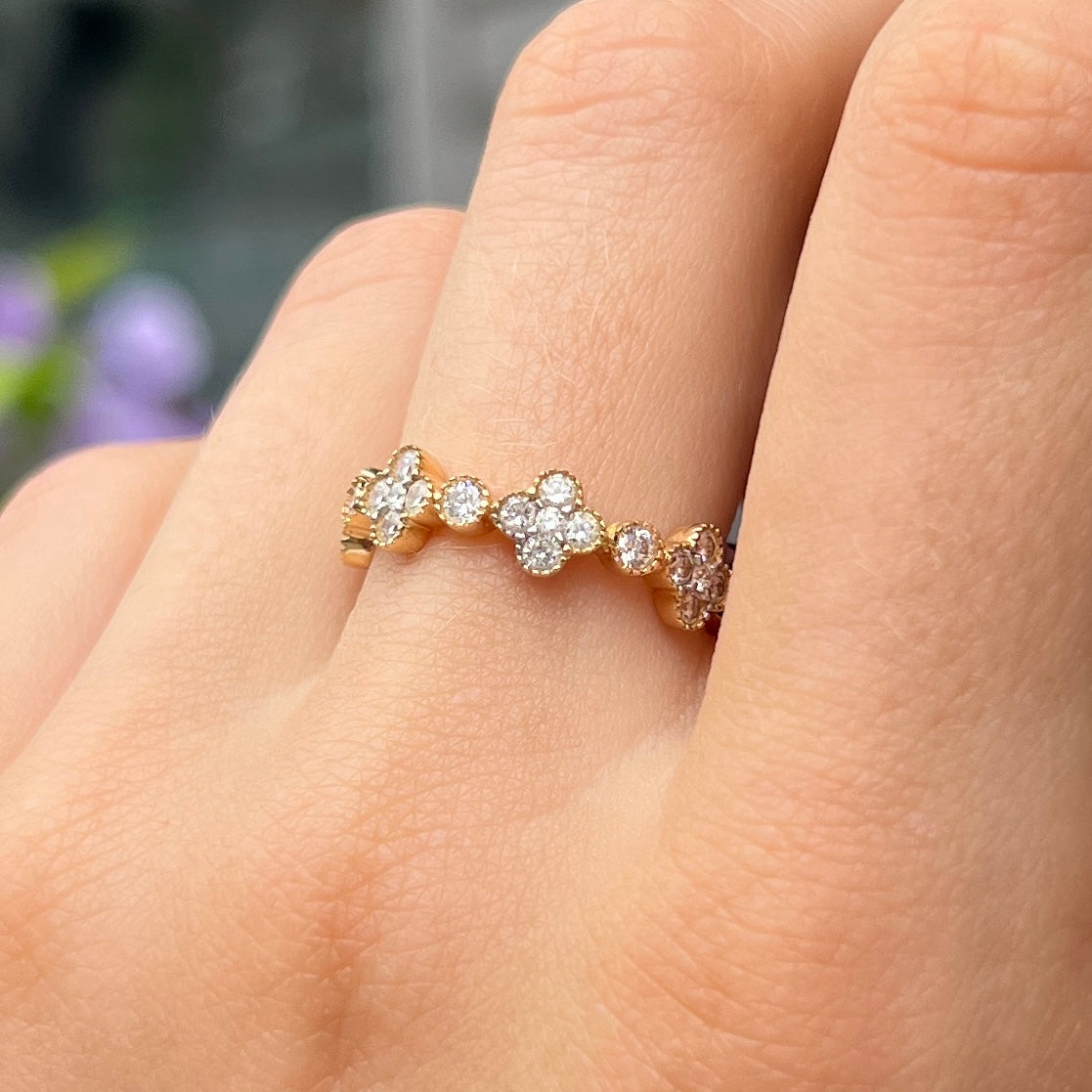 18ct Yellow Gold Clover Design Half Eternity Diamond Ring - Size M