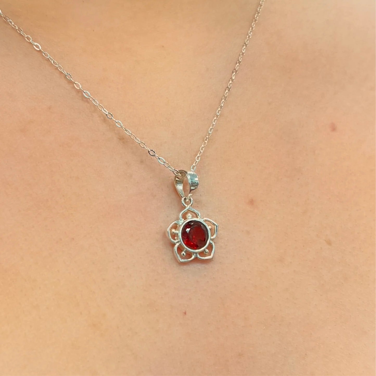 Sweet Sterling Silver Dainty Red Garnet Flower Necklace