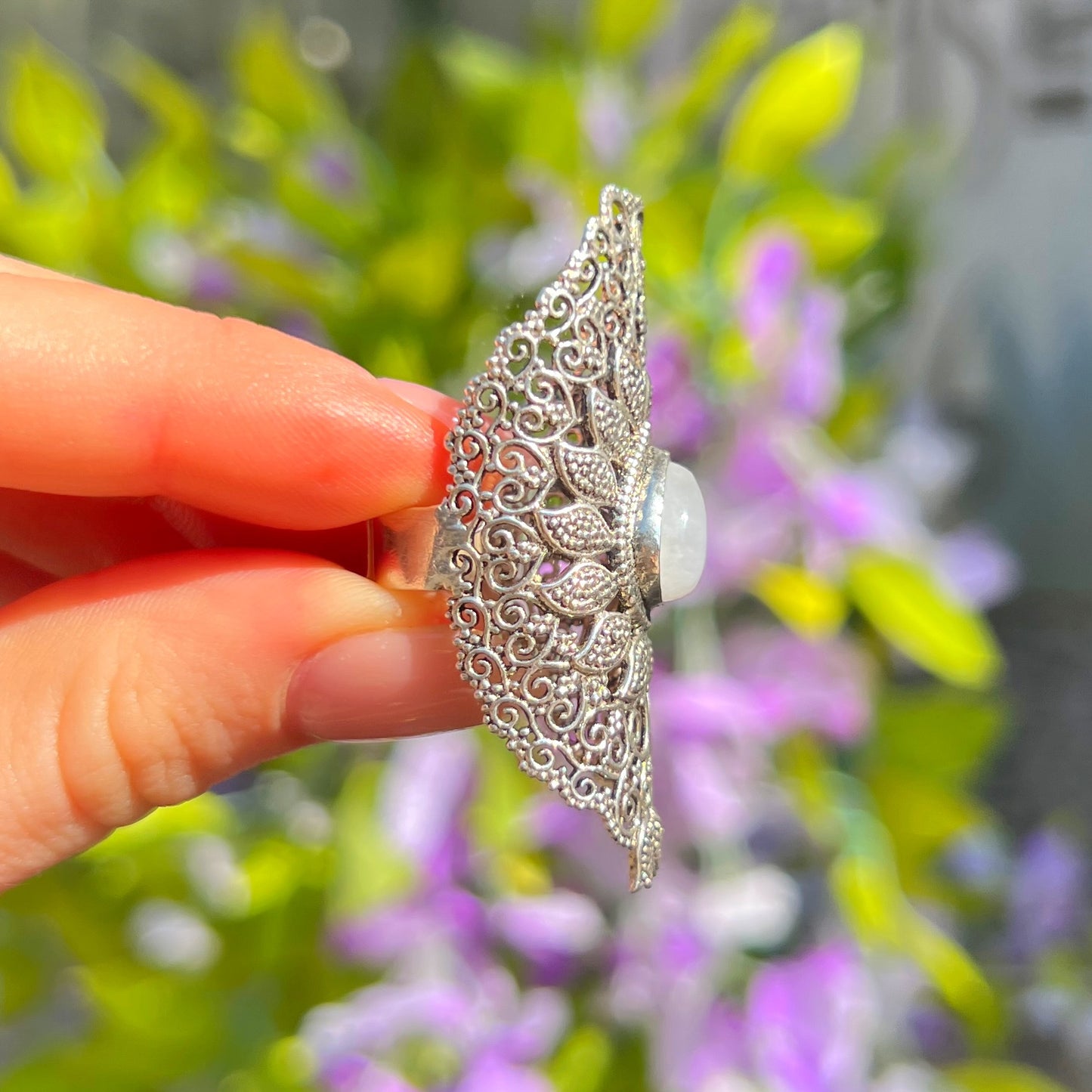 XL Chunky Sterling Silver Boho White Labradorite Ring - Size M