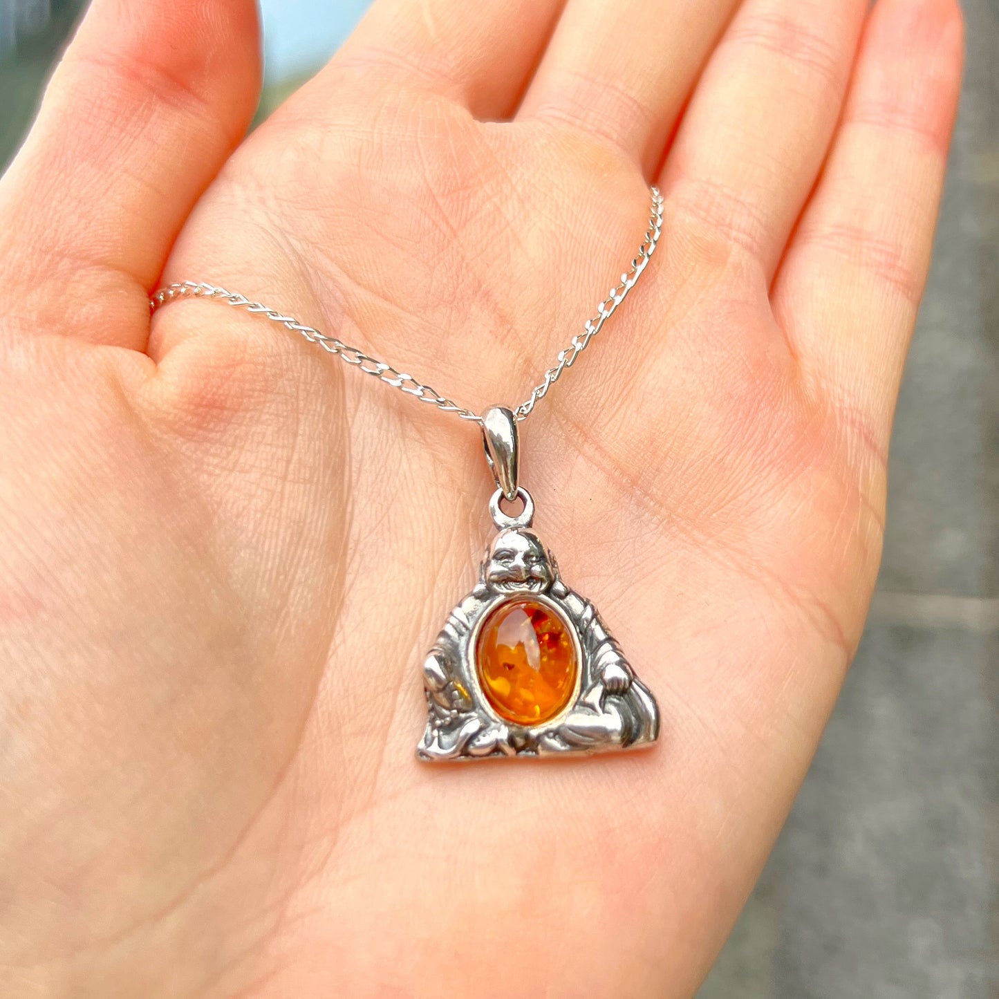 Sterling Silver Orange Amber Buddha Necklace