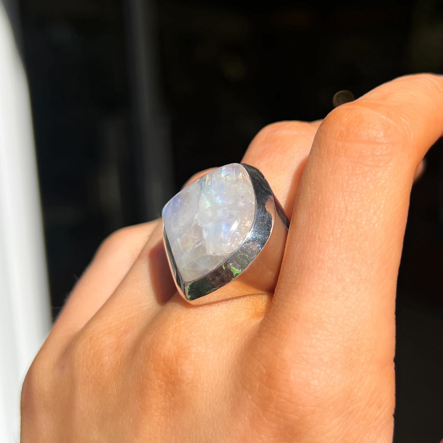 Bohemian Chunky Sterling Silver White Rainbow Moonstone Ring - Size P