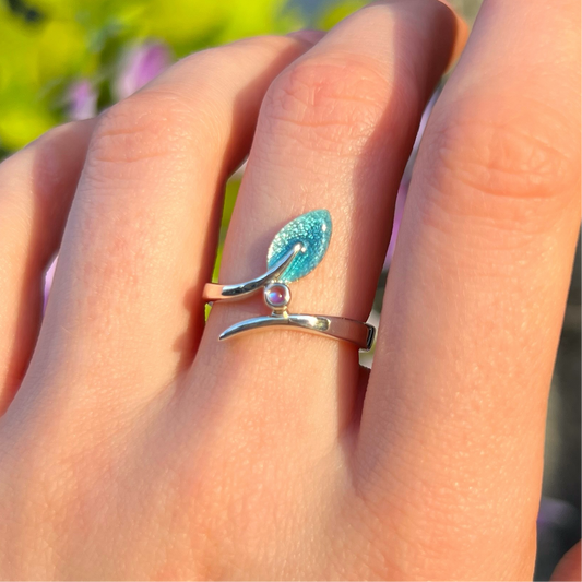 Sterling Silver Sheila Fleet Rowan Sage Enamel Leaf Cubic Zirconia Ring - Size L ½