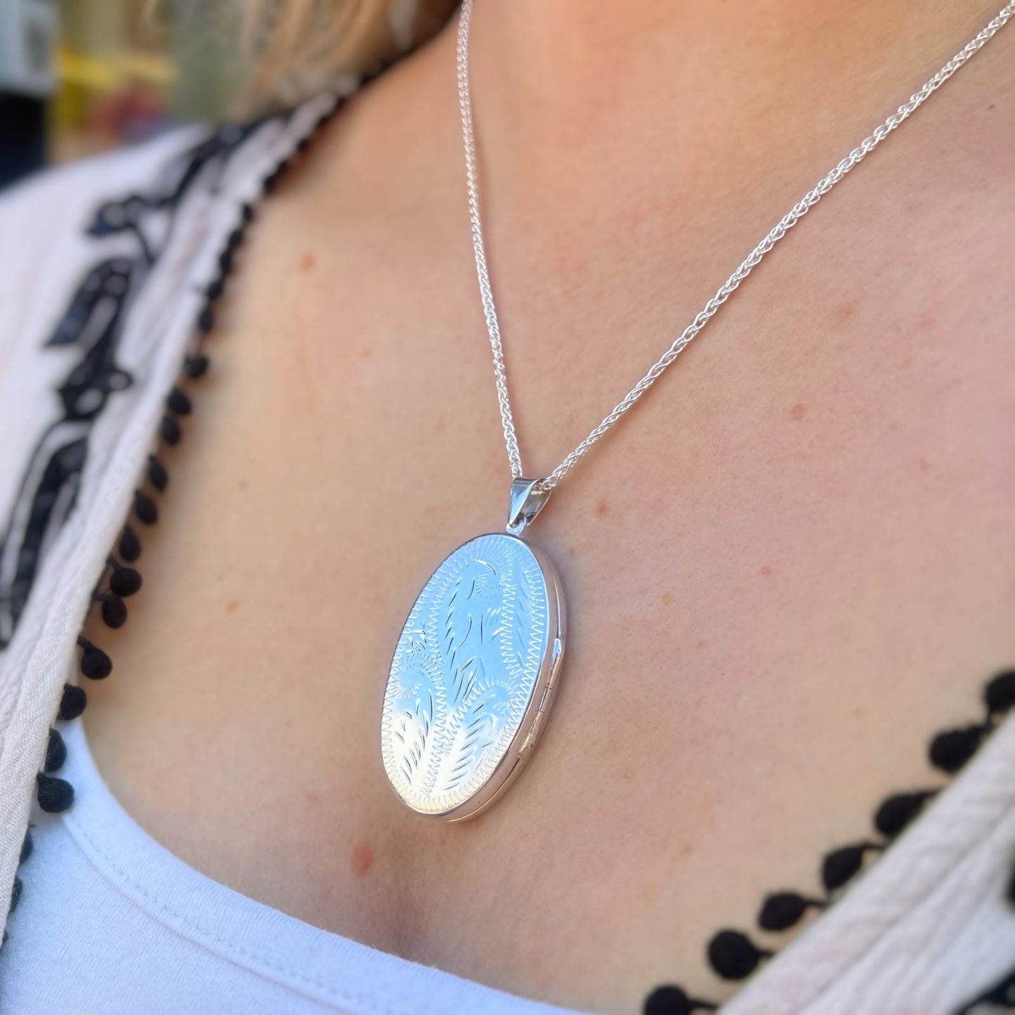 Large Sterling Silver Double-Sided Engraved Oval Locket