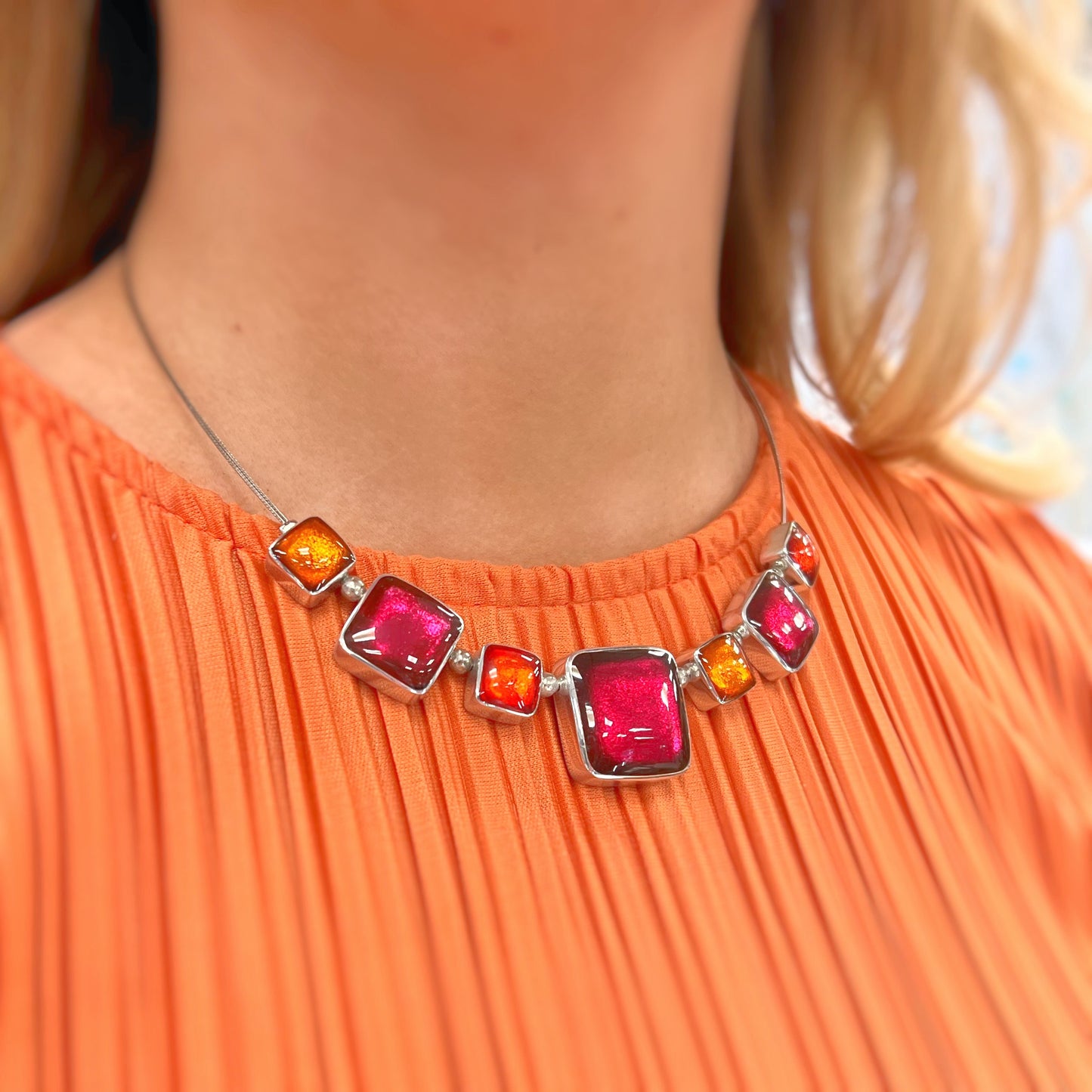 ‘Watch This Space’ Pink & Orange Square Necklace