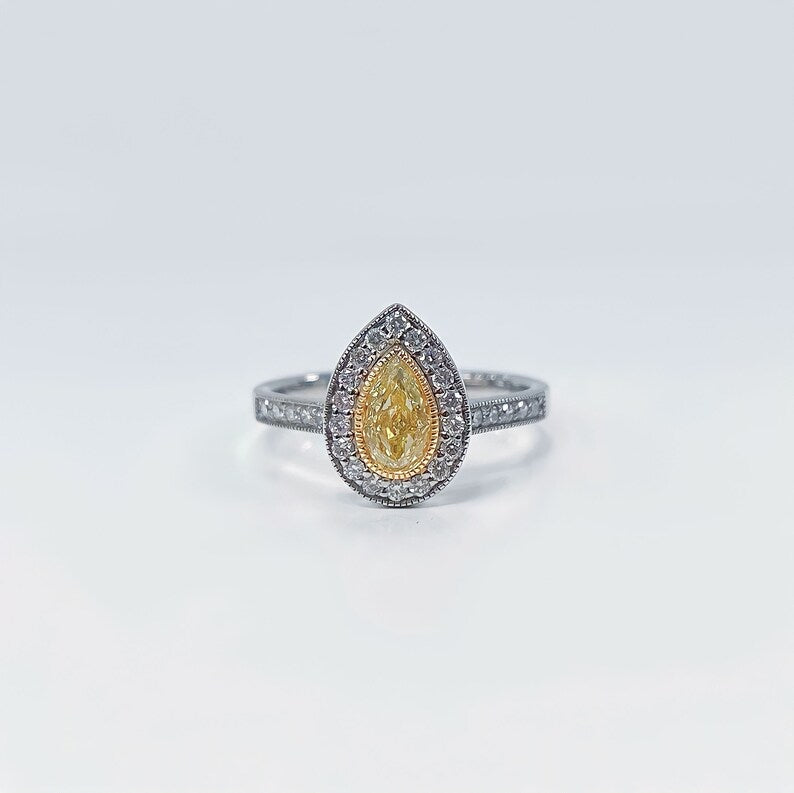 Platinum Rare Canary Lemon Yellow Diamond Pear Halo Ring - Size M