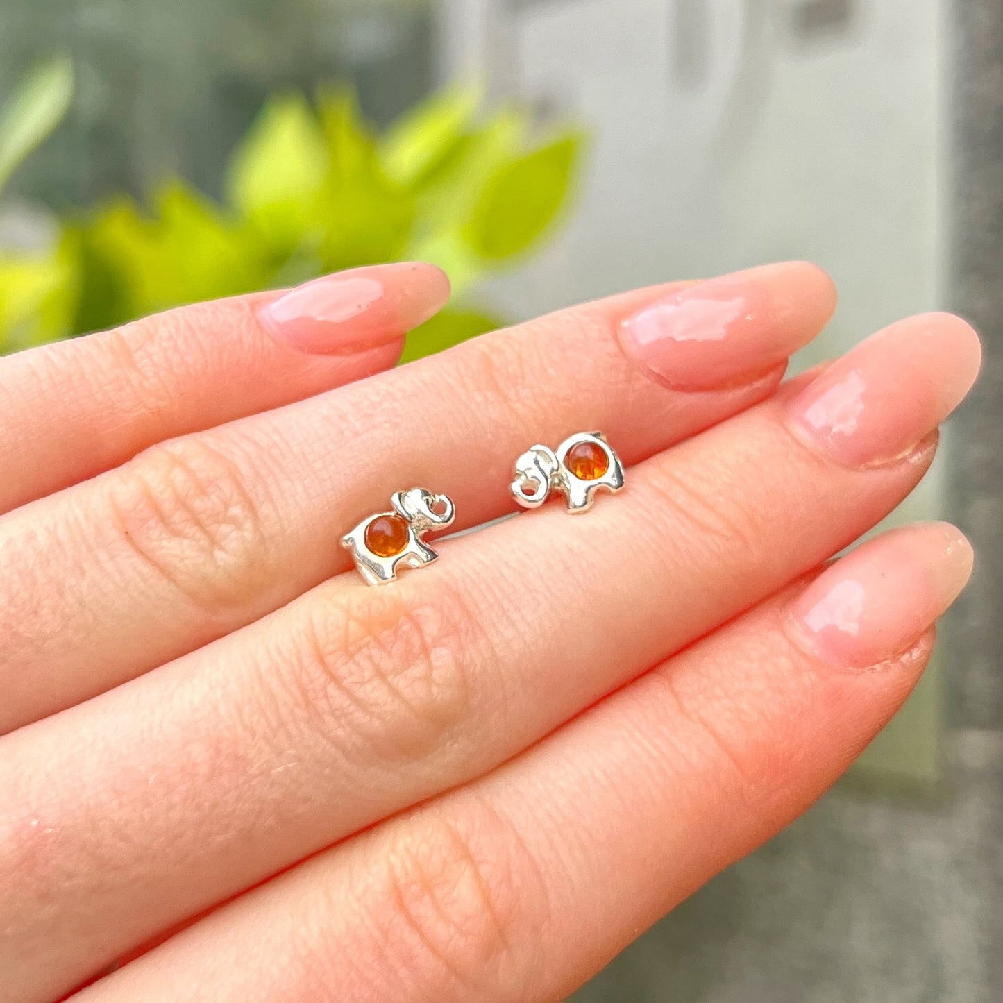 Sterling Silver Orange Amber Lucky Elephant Small Stud Earrings