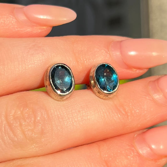 Sterling Silver Oval Cut London Blue Topaz Stud Earrings