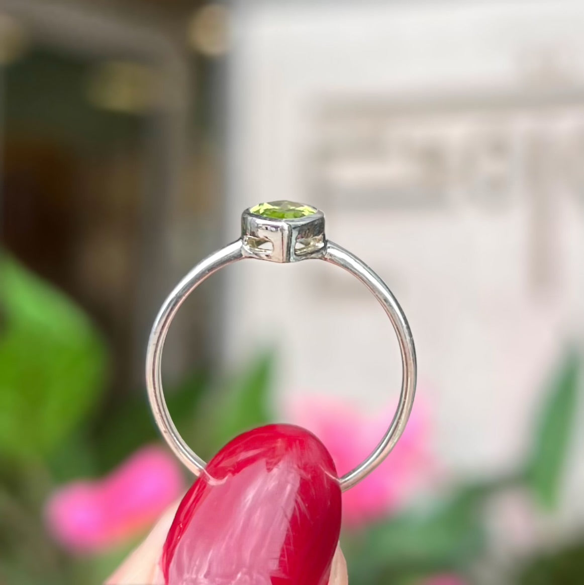 Minimalist Sterling Silver Bezel Set Marquise Peridot Solitaire Ring