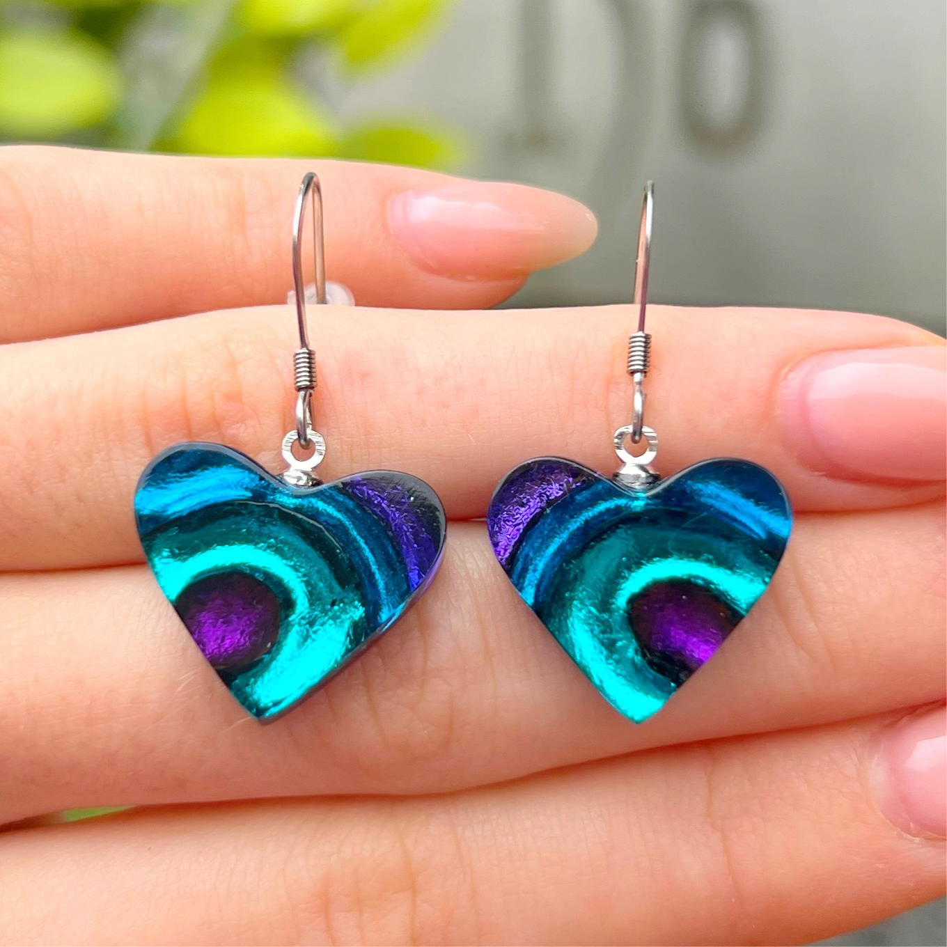 ‘Watch This Space’ Purple & Blue Love Heart Drop Earrings