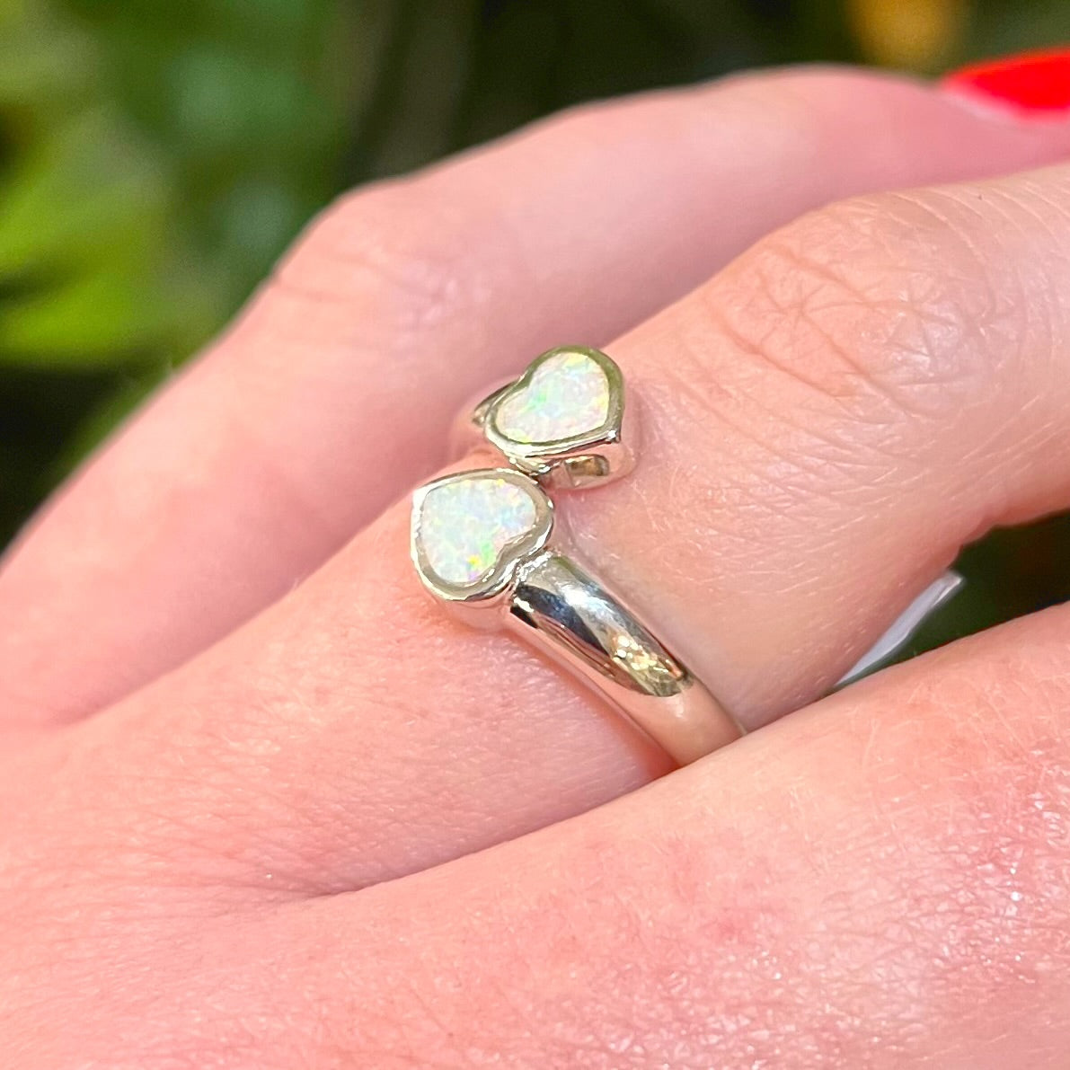 Sterling Silver Two Hearts White Opal Ring - Adjustable Size