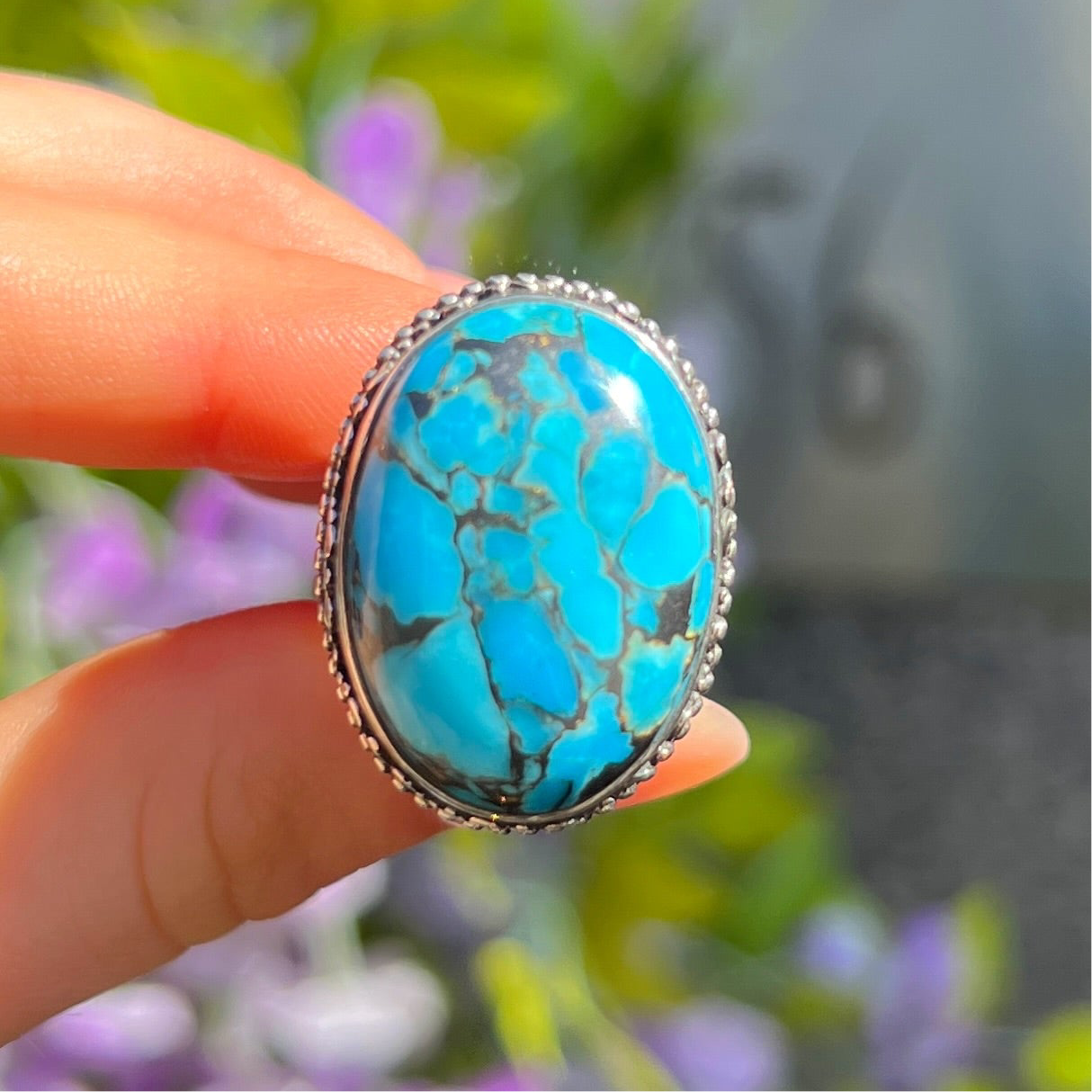 Chunky Sterling Silver Blue Turquoise Boho Ring - Size R