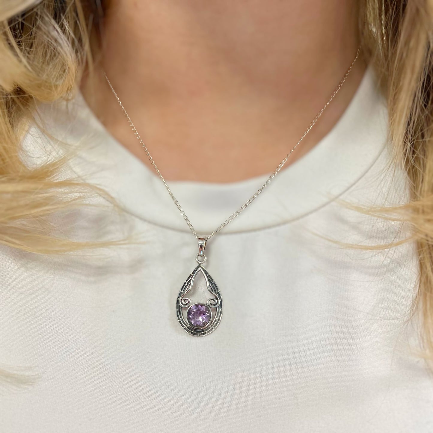 Sterling Silver Oxidised Detailed Amethyst Necklace