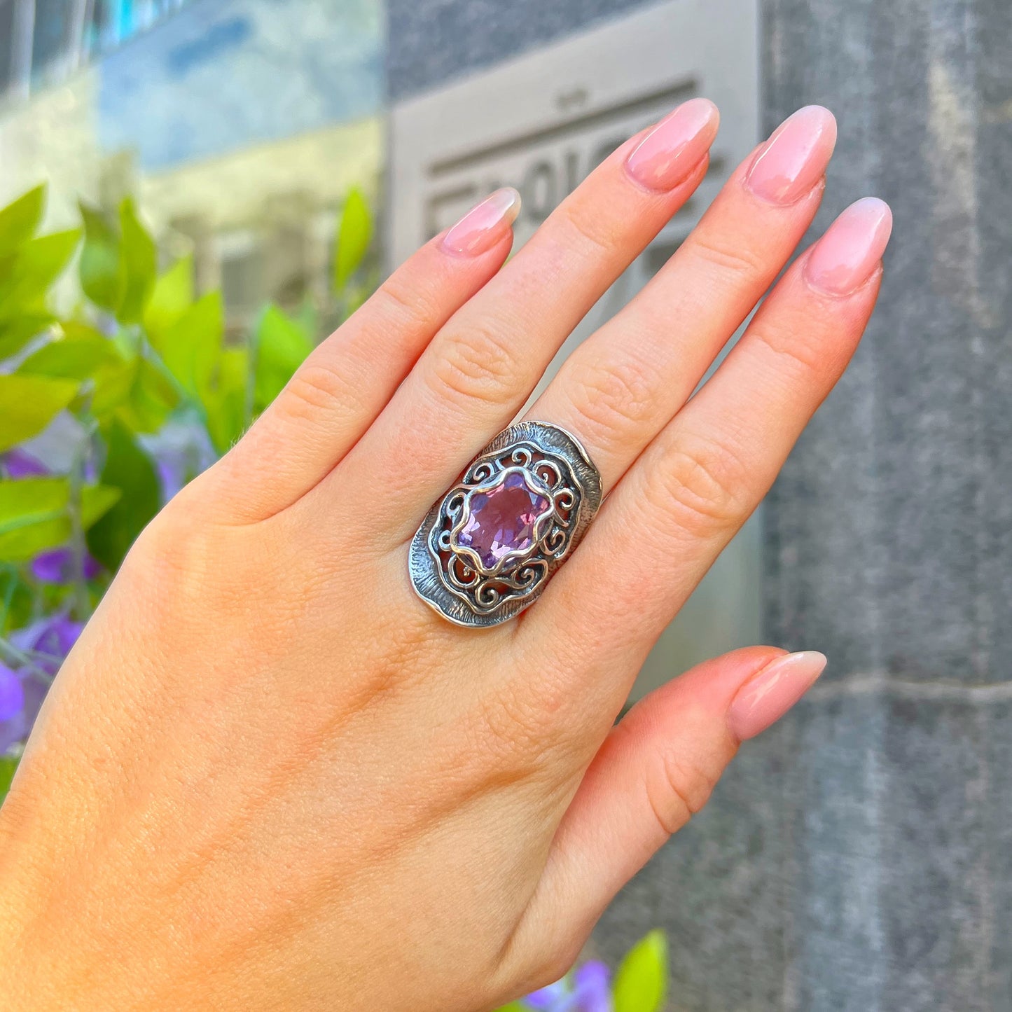 Swirl Sterling Silver Amethyst Ring - Size R