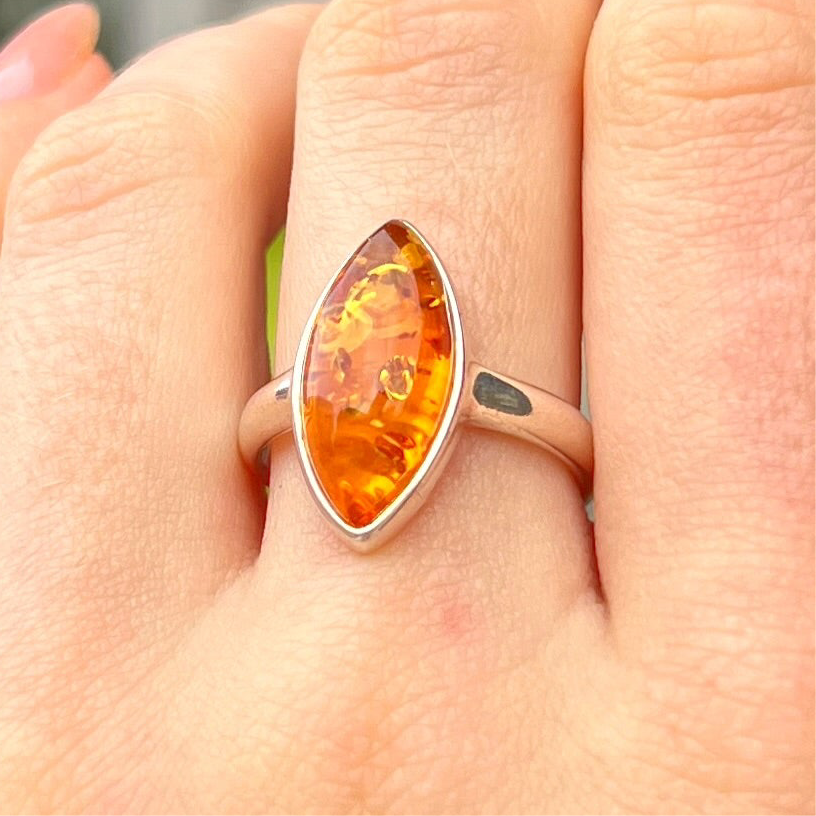 Sterling Silver Orange Amber Marquise Cut Ring - Size M