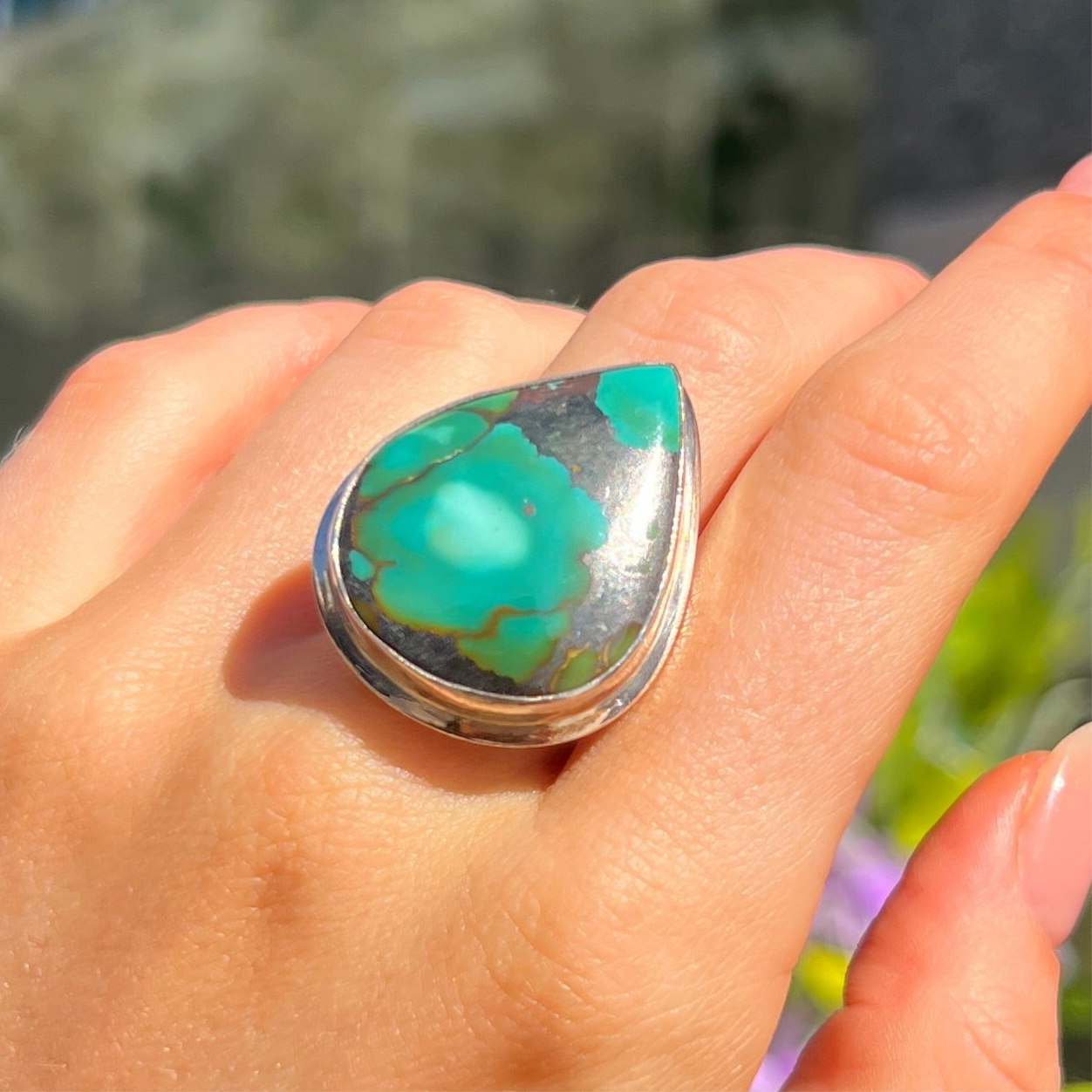 Statement Sterling Silver Pear Cut Green Turquoise Ring - Size O