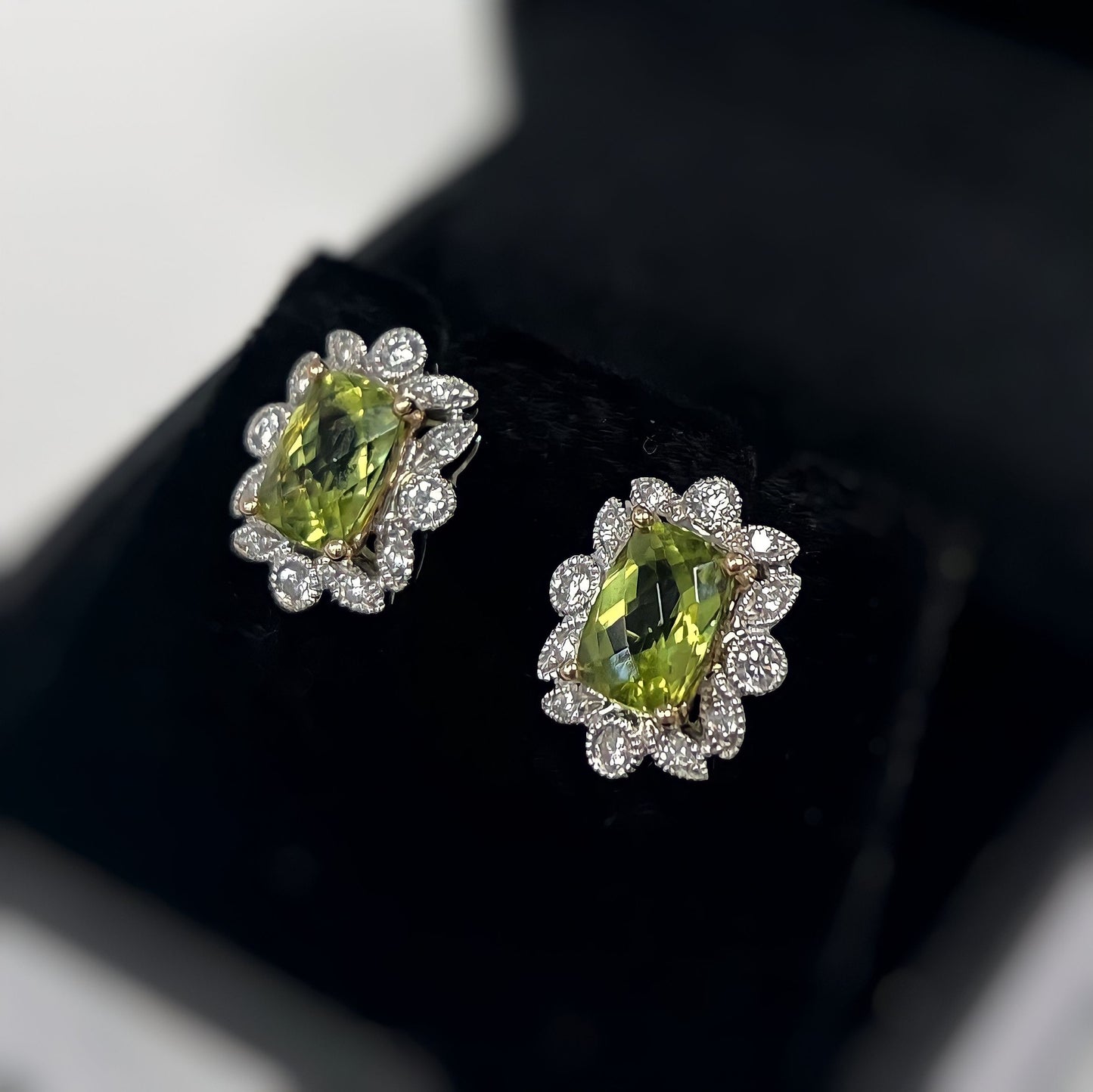 9ct White Gold Peridot and Diamond Cluster Earrings