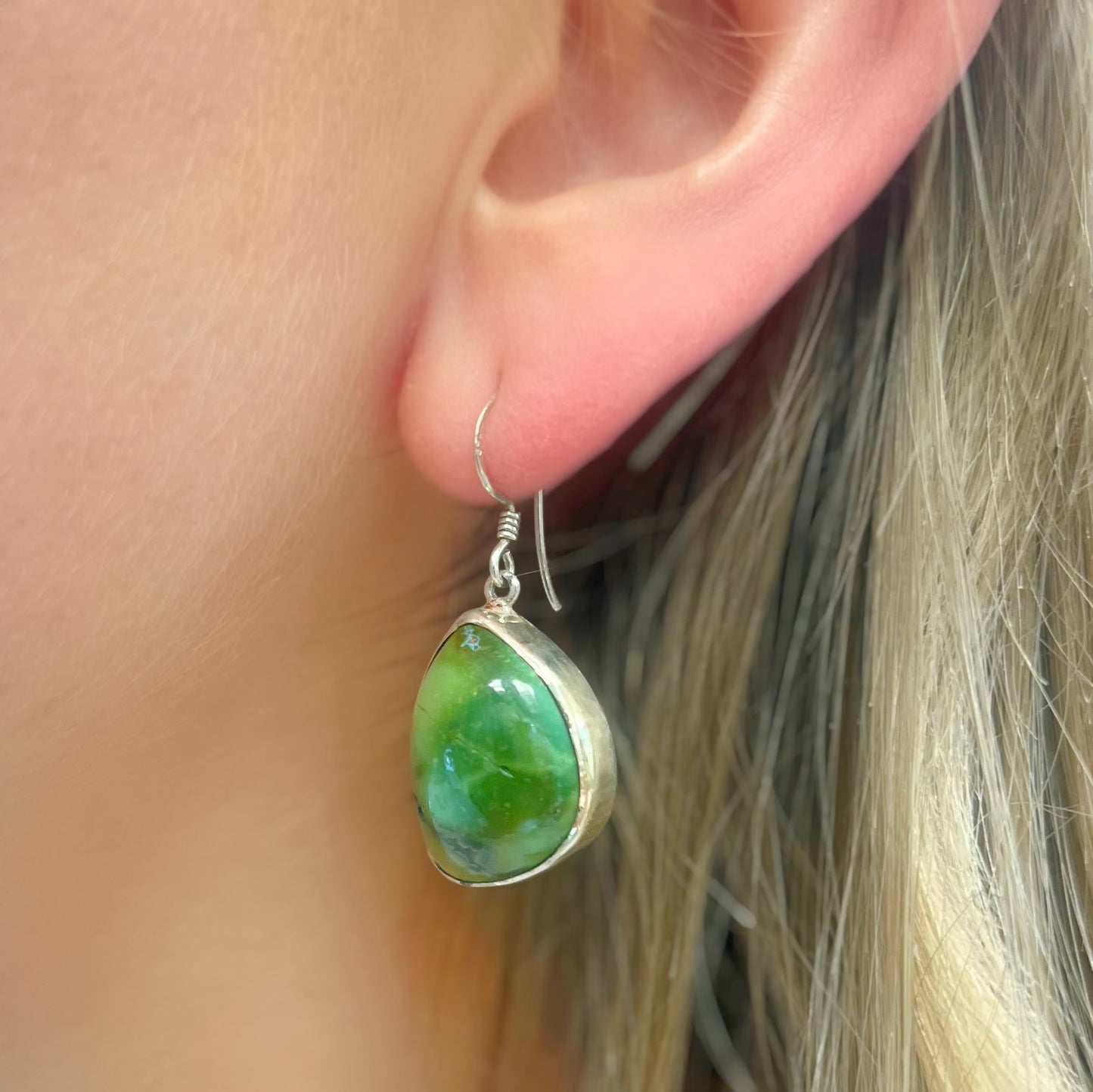 Unusual Sterling Silver Irregular Shaped Green Turquoise Drop Earrings