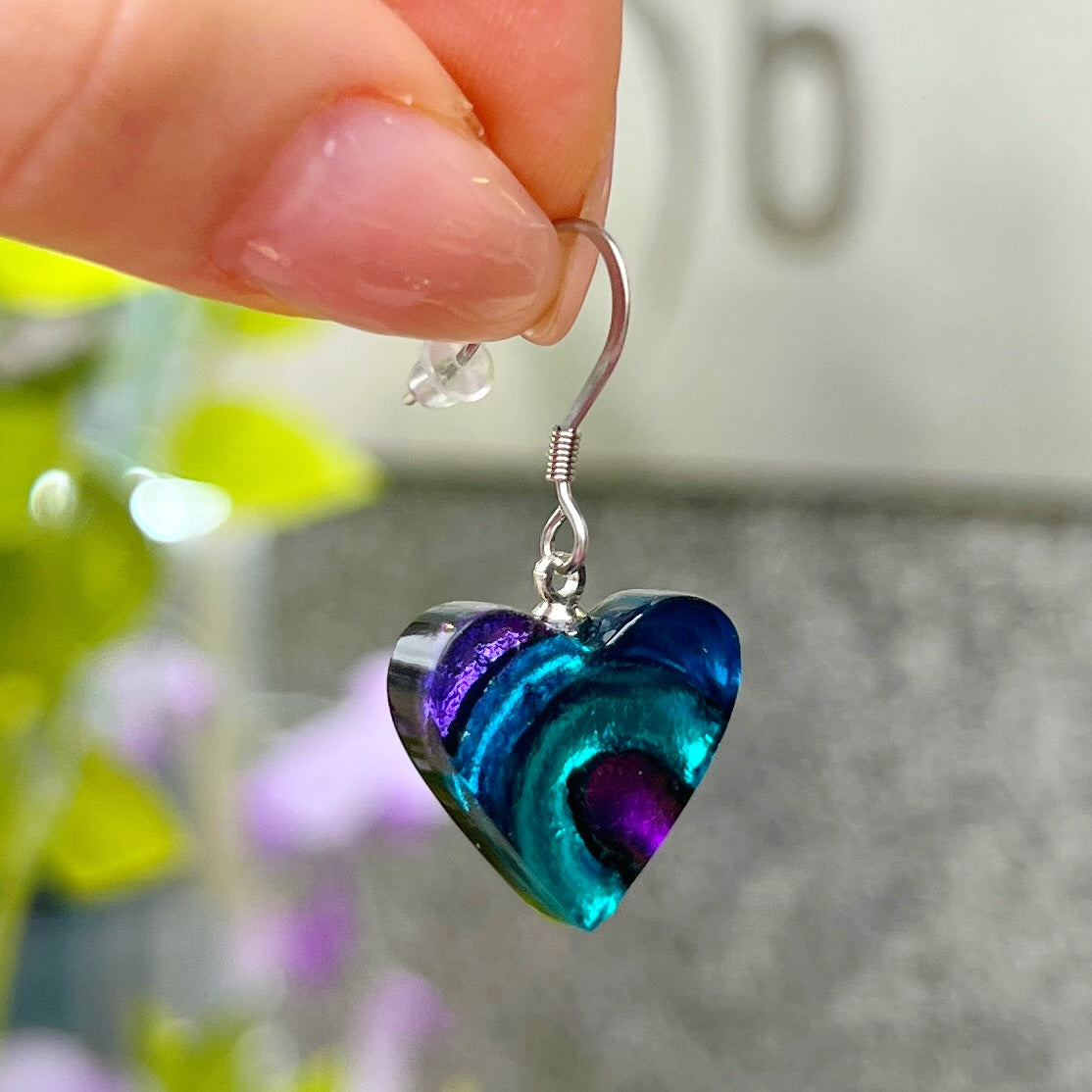 ‘Watch This Space’ Purple & Blue Love Heart Drop Earrings