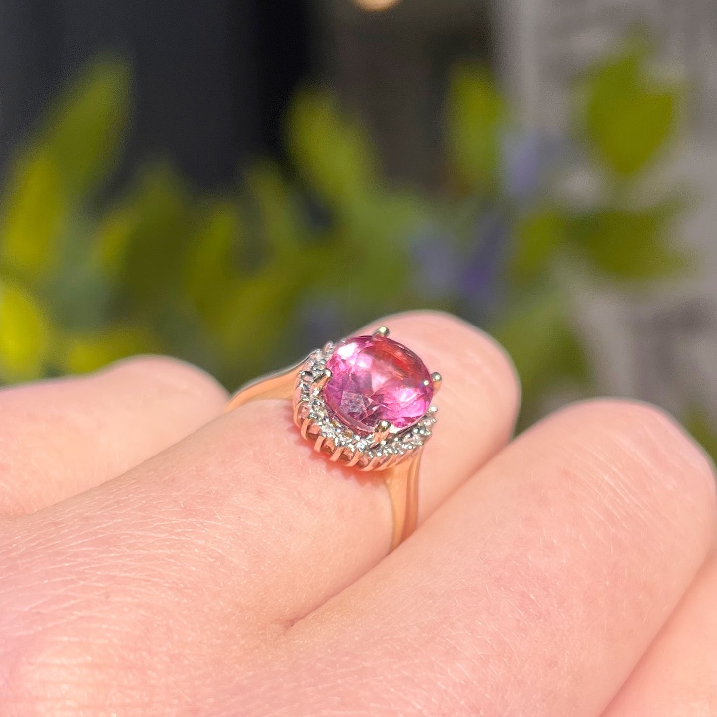 Vintage 9ct Yellow Gold Pink Topaz and Diamond Halo Dress Ring - Size J ½