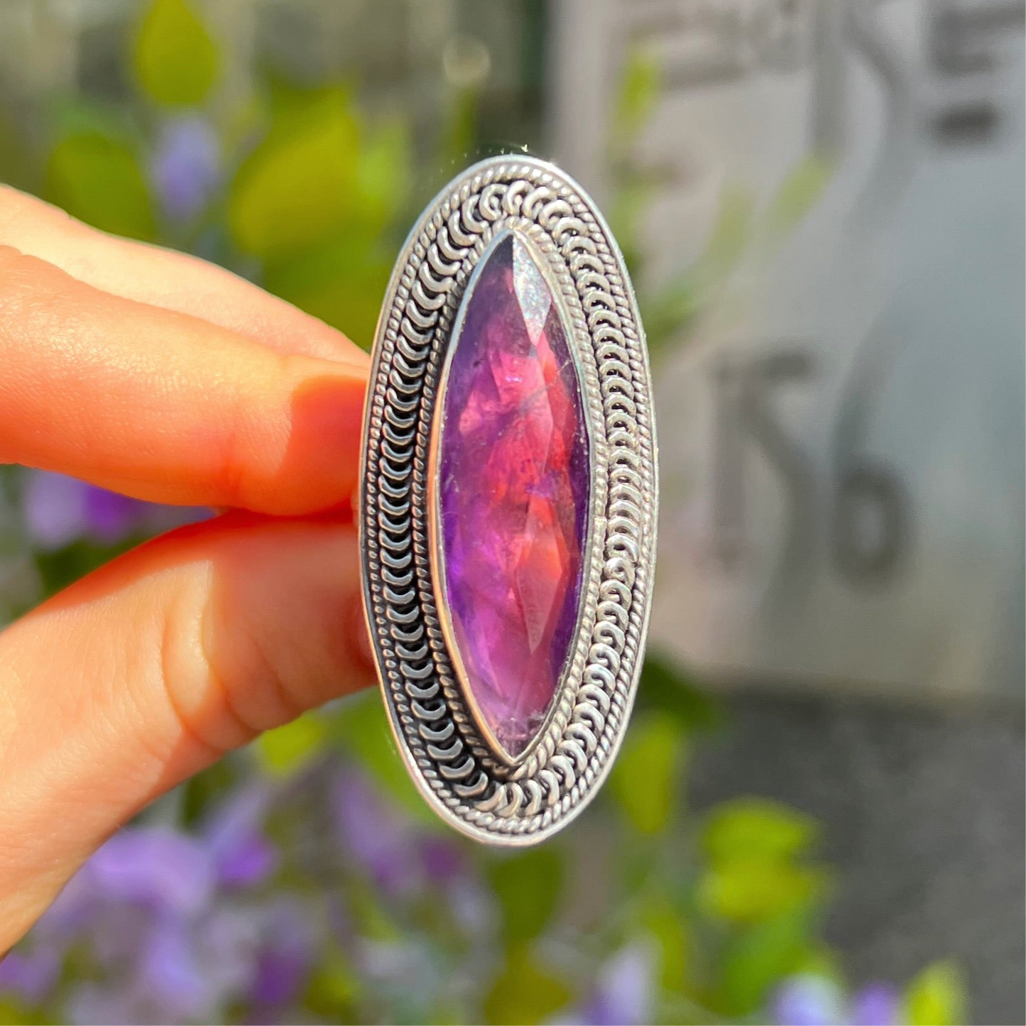 Sterling Silver XL Chunky Boho Inspired Purple Amethyst Ring - Size R