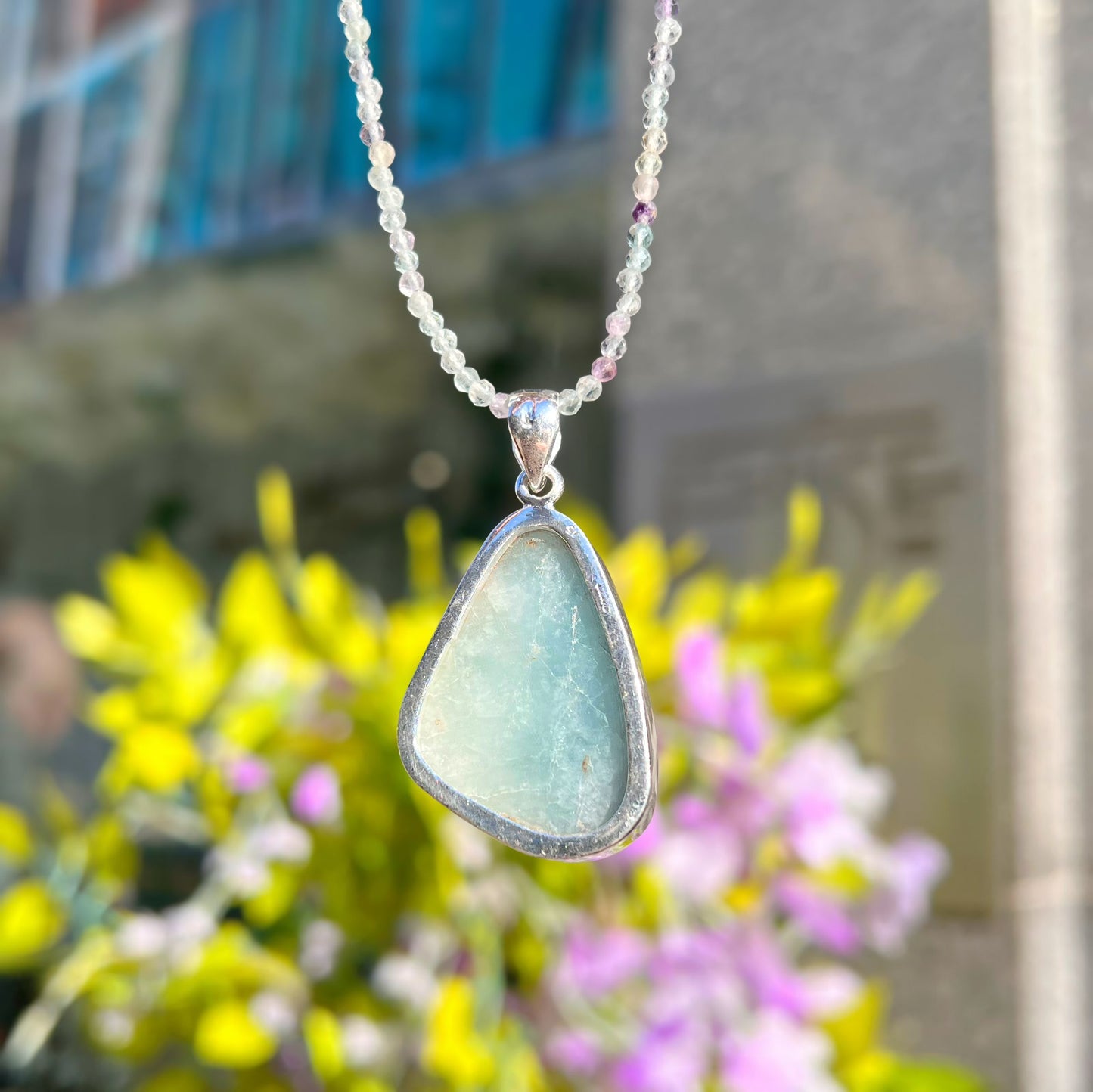 Chunky Sterling Silver Dreamy Aquamarine and Fluorite Beaded Chain Necklace