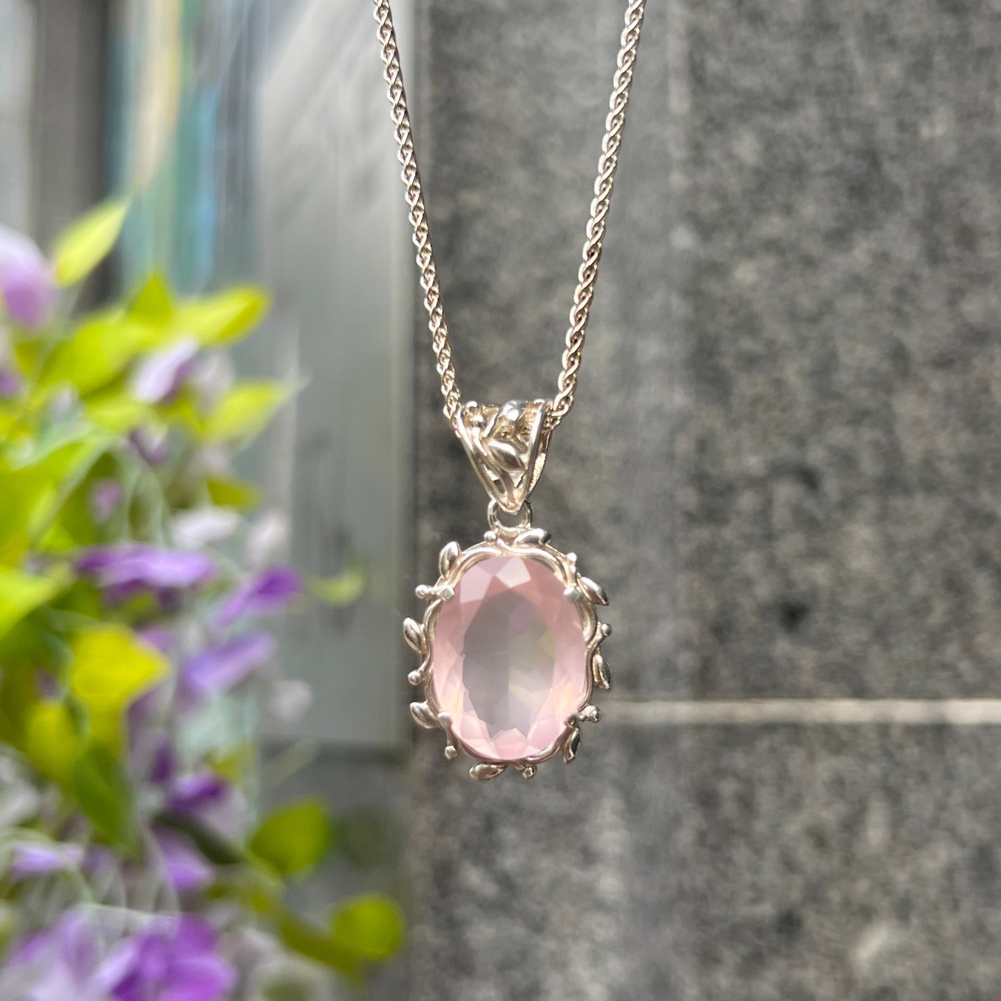Sterling Silver Pink Rose Quartz Leaf Design Necklace