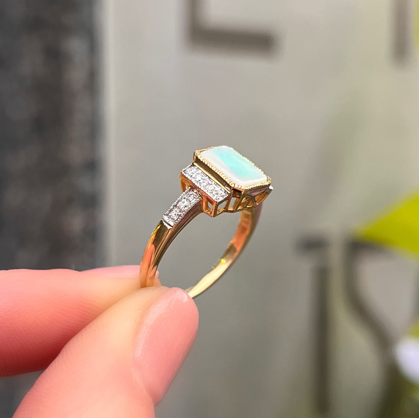 The Opalina Ring - Structured Designer Inspired 9ct Yellow Gold Opal and Diamonds Size K