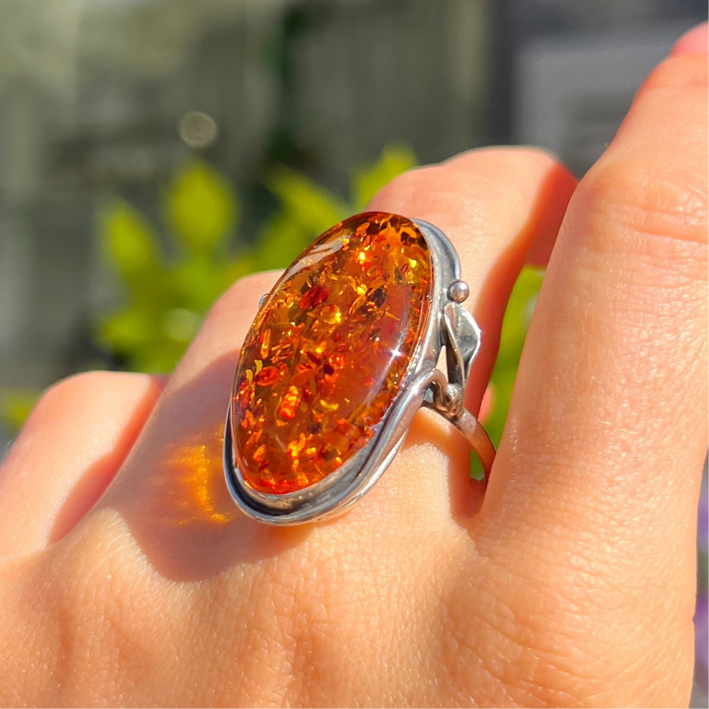 Super Chunky Sterling Silver Orange Amber Ring - Size V