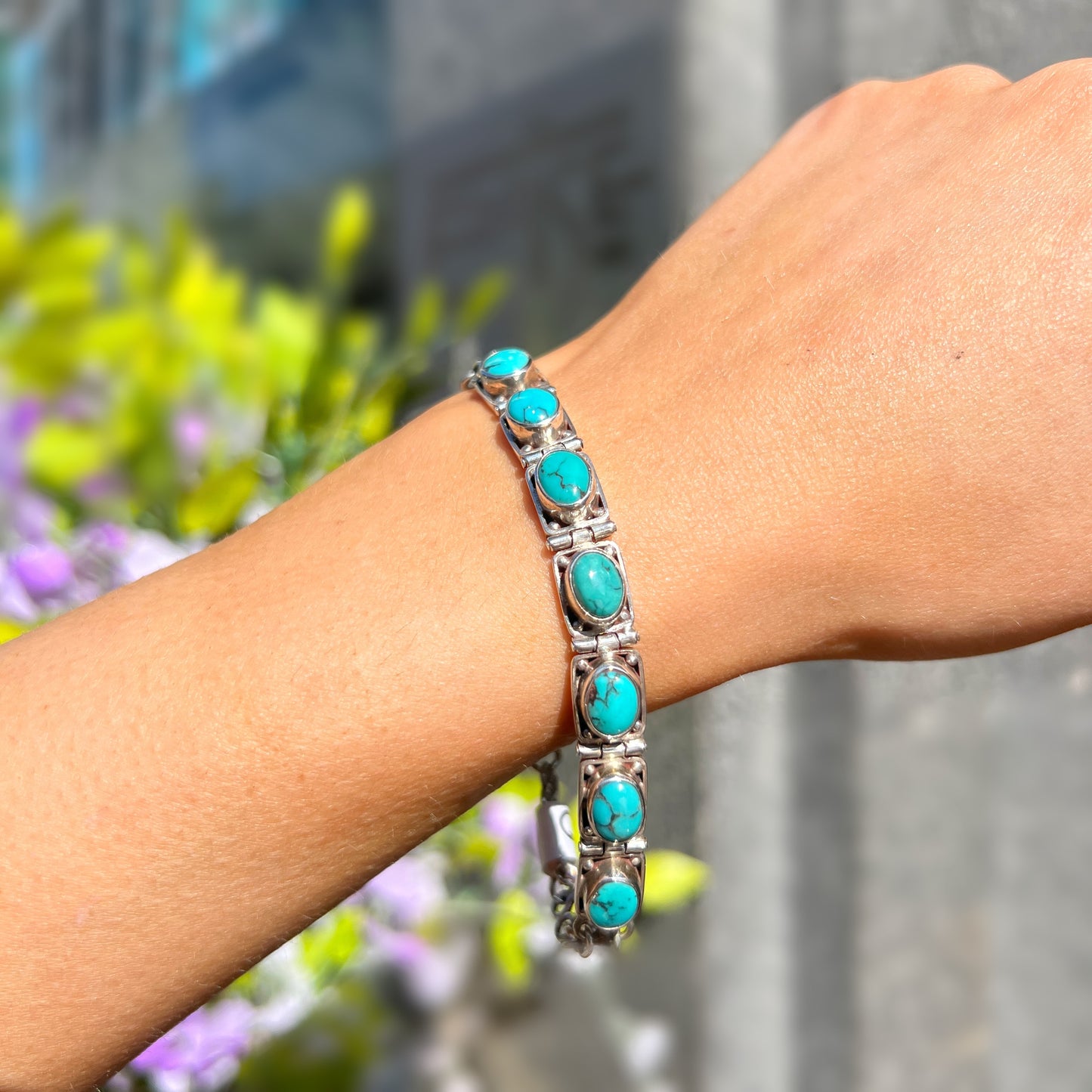 Blue Oval Cut Turquoise Sterling Silver Bracelet