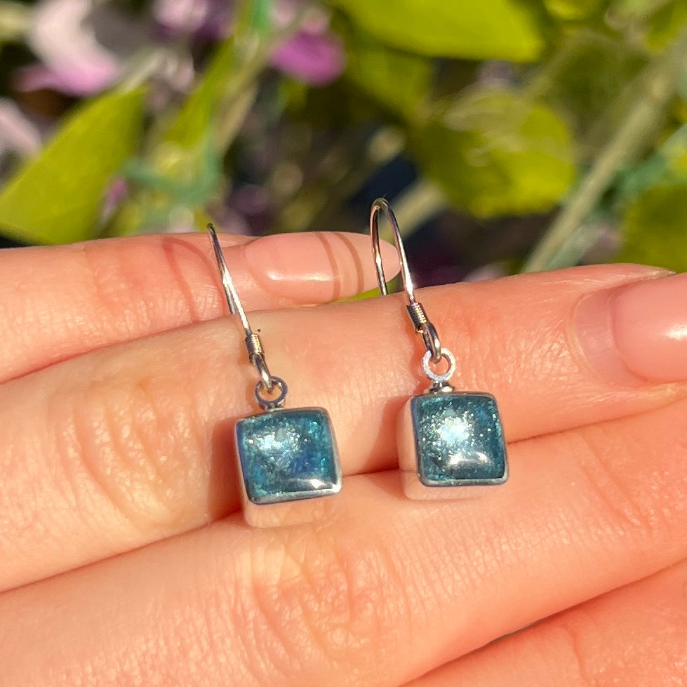 ‘Watch This Space’ Blue Square Drop Earrings