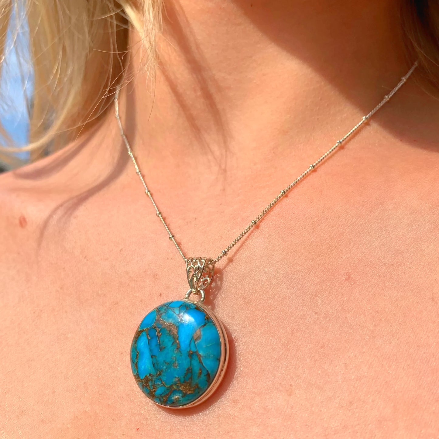 Round Bohemian Inspired Sterling Silver Turquoise Necklace
