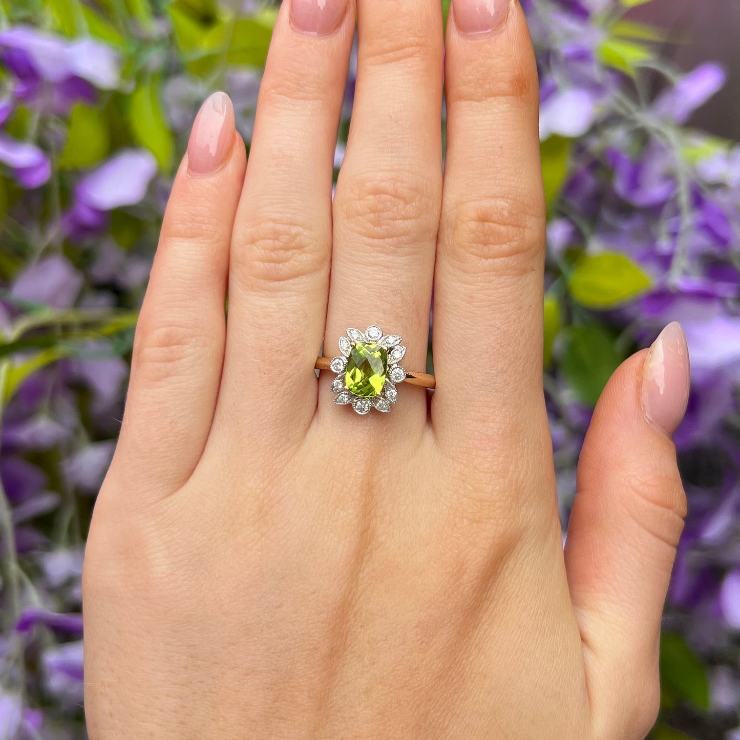 9ct Yellow Gold Peridot and Diamond Ring - Size N