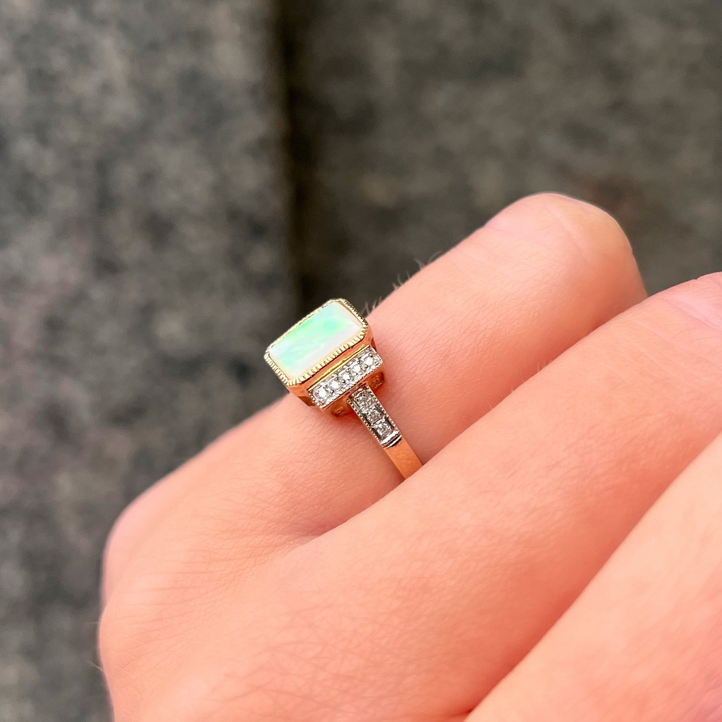 The Opalina Ring - Structured Designer Inspired 9ct Yellow Gold Opal and Diamonds Size K