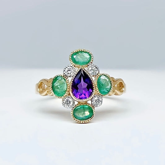 9ct Yellow Gold, Green Emerald, Purple Amethyst and Diamond Victorian Inspired Ring - SIZE O