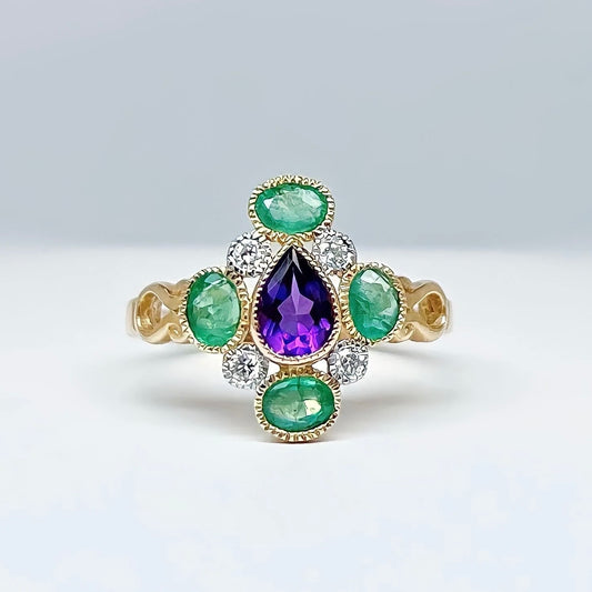 9ct Yellow Gold Emerald and Diamond Victorian Inspired Ring - SIZE O