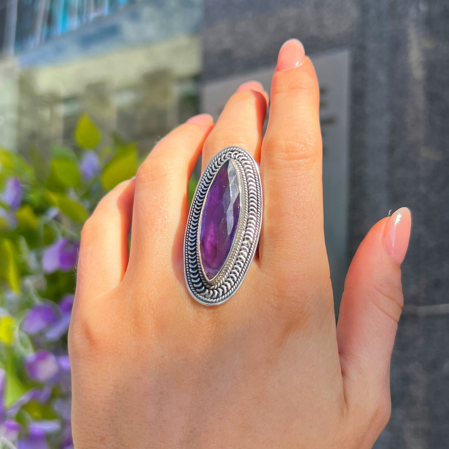 Sterling Silver XL Chunky Boho Inspired Purple Amethyst Ring - Size R