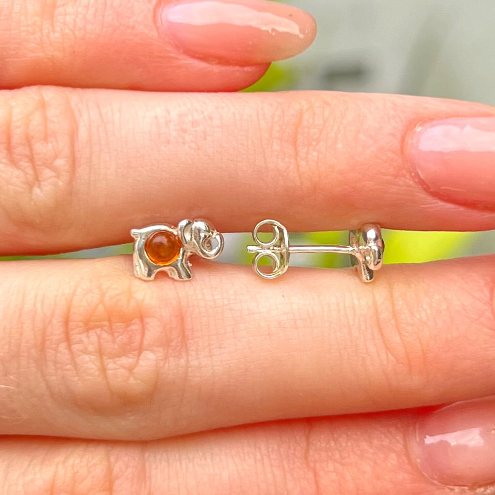 Sterling Silver Orange Amber Lucky Elephant Small Stud Earrings