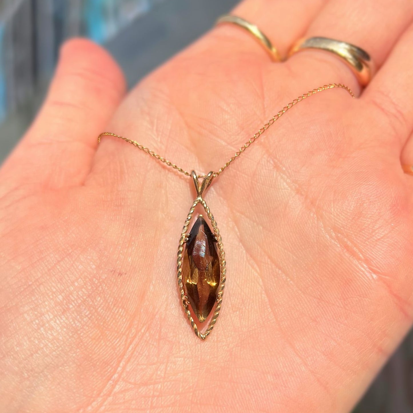 Vintage 9ct Yellow Gold Smoky Topaz Navette Shaped Necklace