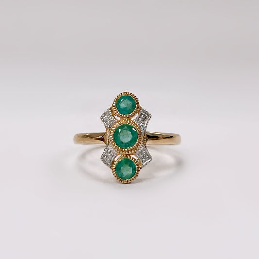 9ct Yellow Gold Emerald and Diamond Art Deco Inspired Ring – Size L 1/2