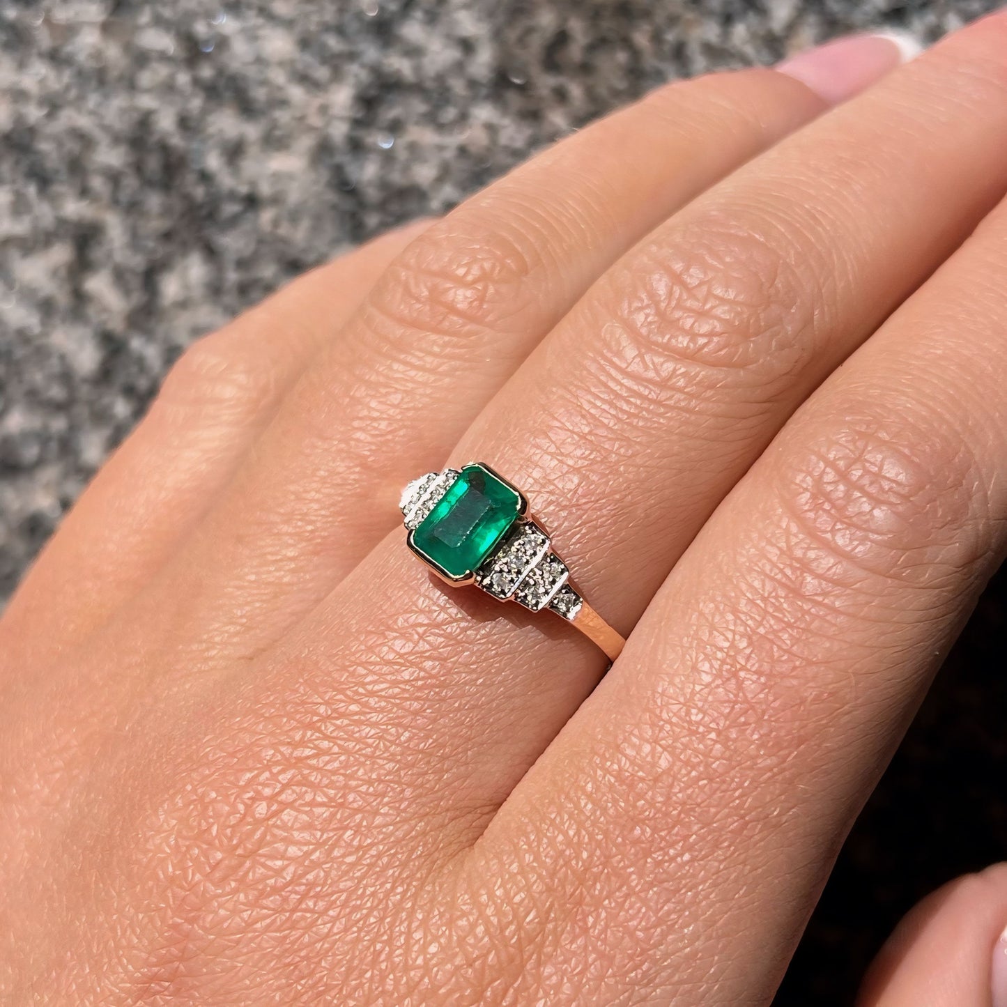 9ct Yellow Gold Art Deco Inspired Emerald and Diamond Ring - Size N ½