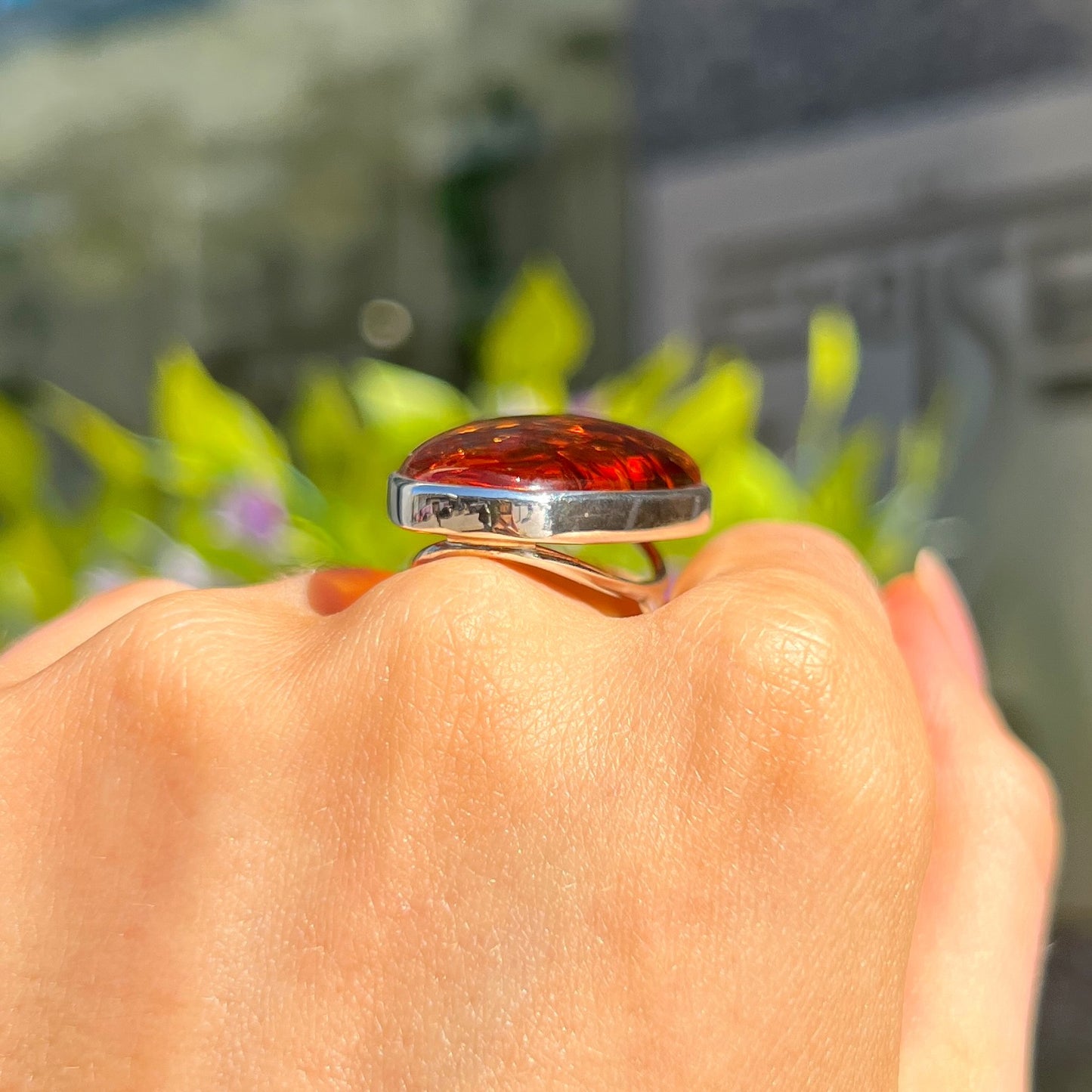 Super Chunky Sterling Silver Orange Amber Ring - Size U